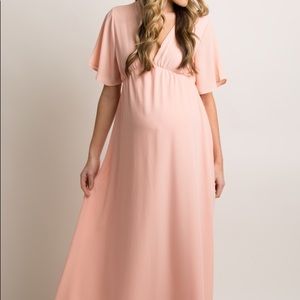Tall Pink Chiffon Bell Sleeve Maternity Maxi Dress